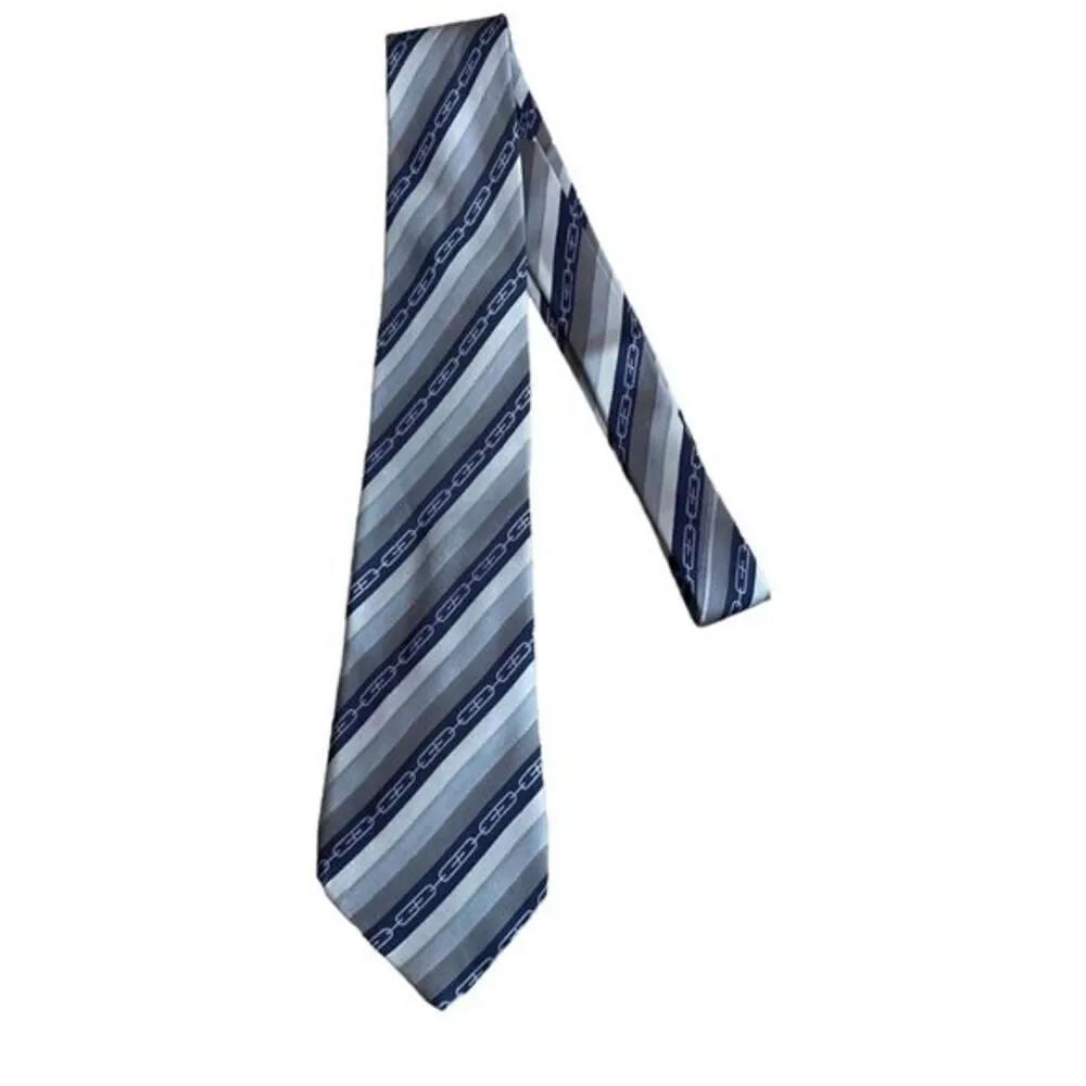 Gucci Mens GG Link Logo Print Neck Tie Blue Stripe 100% Silk Luxury Professional